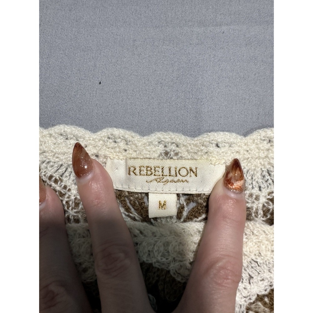 REBELLION AGAIN Crochet Crop Top Brown & Cream Size M Cottage Core Hippie Boho - Picture 3 of 7